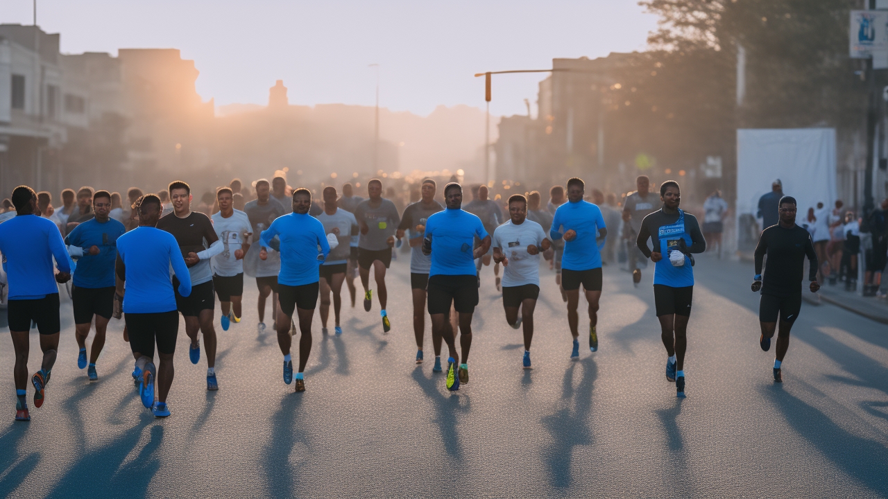 A cinematic editorial photo capturing a diverse group of runners on an urban street at dawn, spontaneously marking a marathon route with chalk on the pavement, surrounded by makeshift aid stations with water barrels and volunteers handing out refreshments, evoking a spirit of community, improvisation, and resilience under soft natural light.
